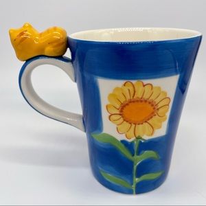 HuesNBrews Cat on Handle Kitty and Sunflower Coffee Mug Tea Cup Blue